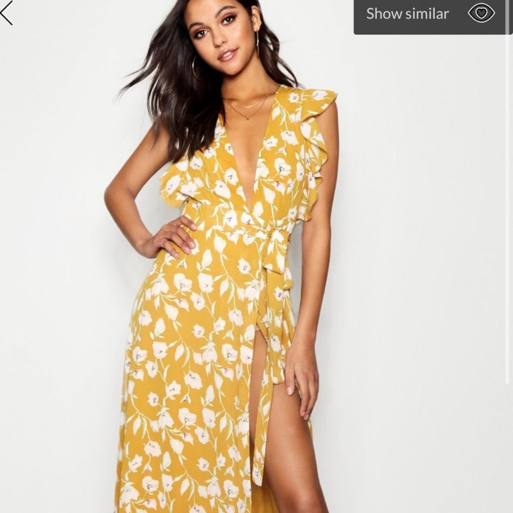 NEW Boohoo Yellow Maxi Wrap Dress with Ruffles - Picture 3 of 12